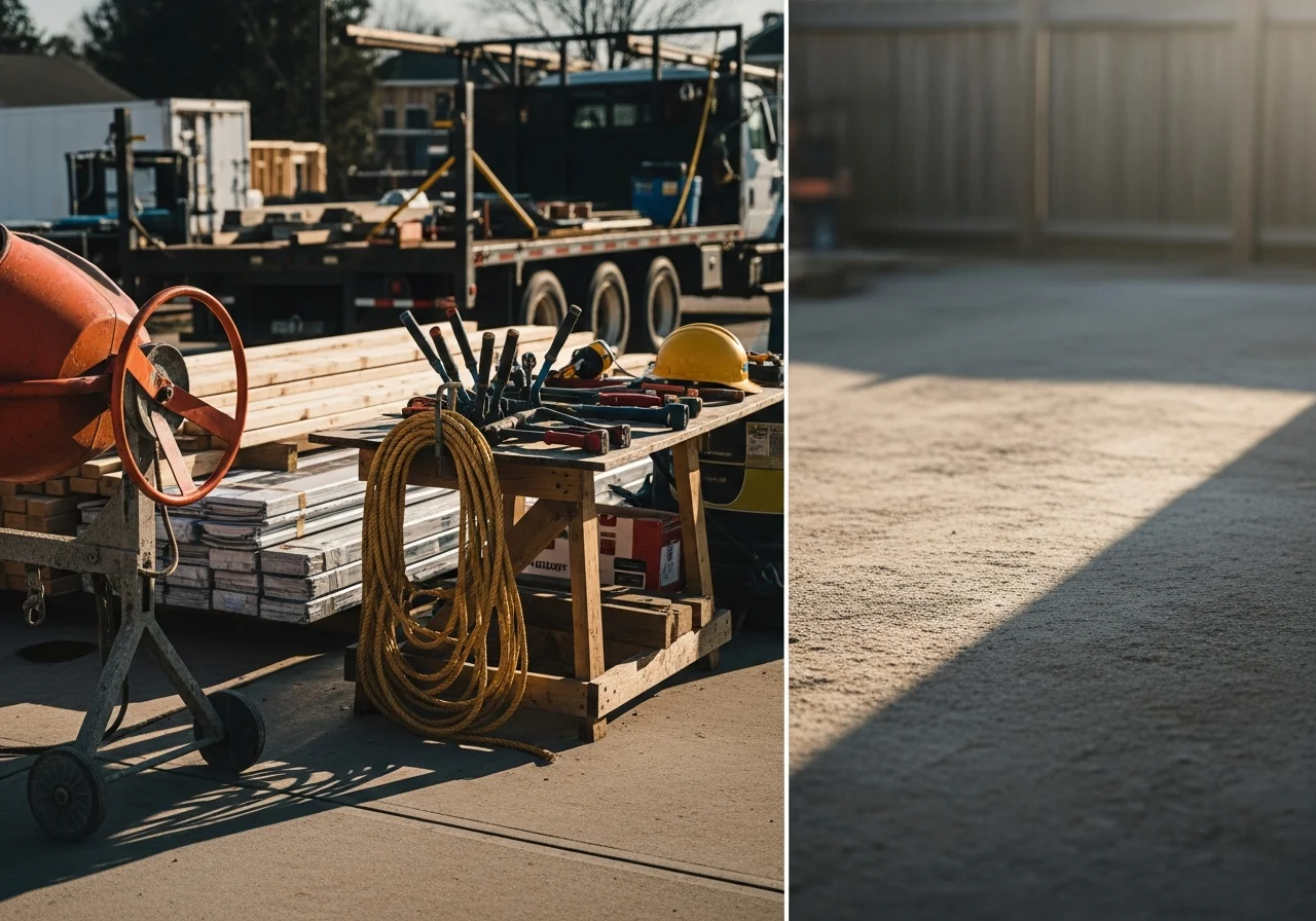 Construction crew and equipment on job site, showcasing professional tools and materials ready for remodeling and building projects.