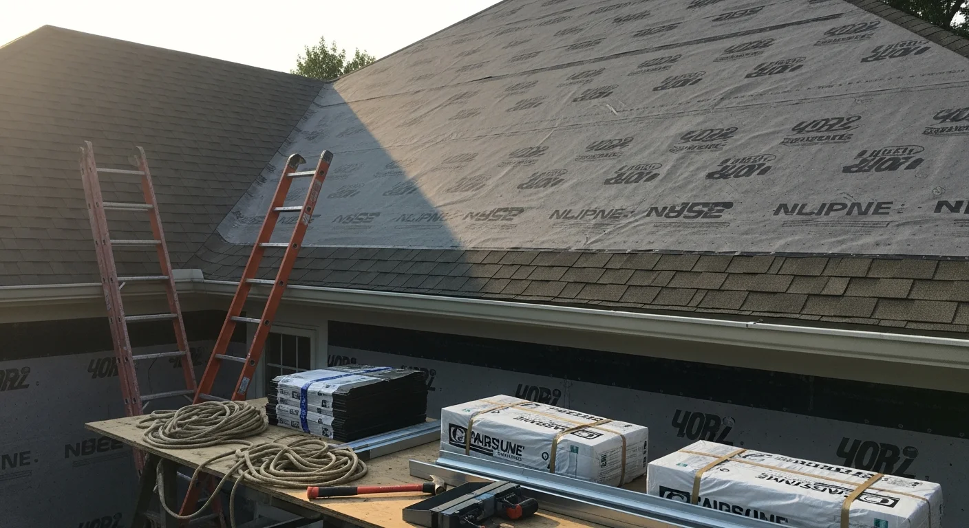 Roofer installing metal roofing on residential home