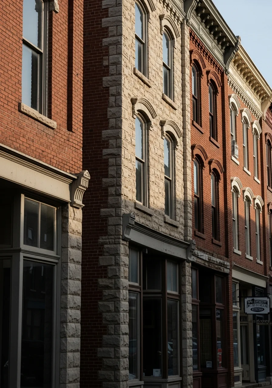 Historic downtown street in Southern Indiana with brick buildings and local businesses