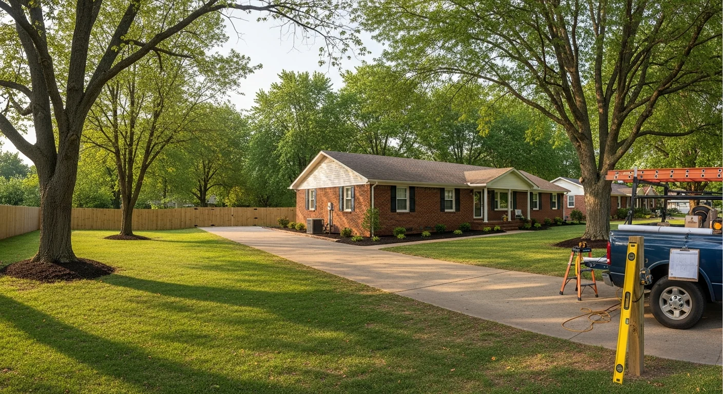 Wide view of a Southern Kentucky residential property with mature trees and open yard space typical of Warren County homes.