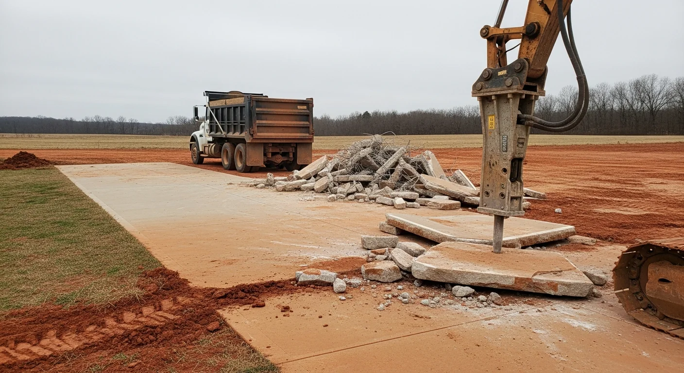 A concrete slab being broken apart and removed by an excavator on a residential property in Southern Kentucky. Broken concrete pieces are staged near the excavation area with cleared ground visible where the old slab once sat.