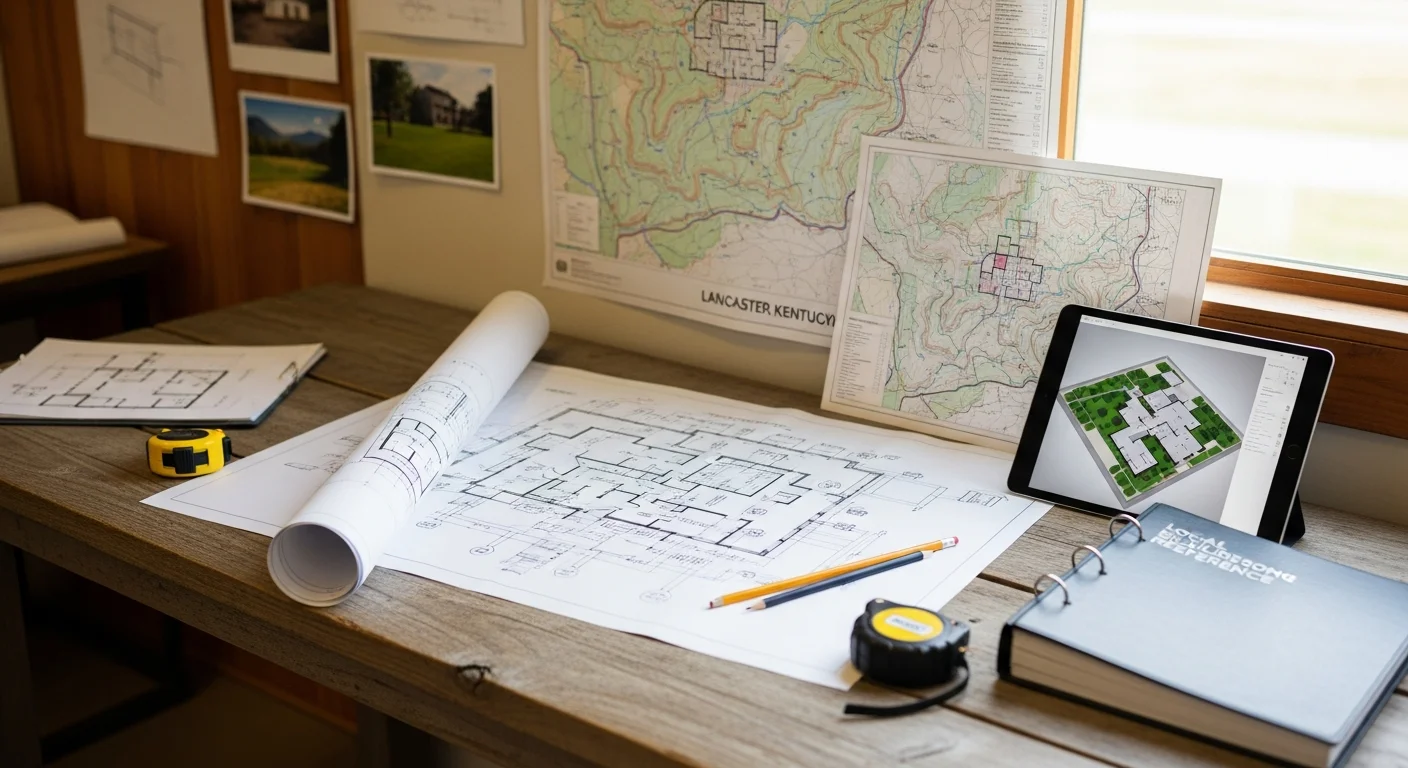 A general contractor and homeowner reviewing custom floor plan drawings at a table, with a Southern Kentucky rural property visible through the window. The plans show room layout, exterior dimensions, and site orientation notes.