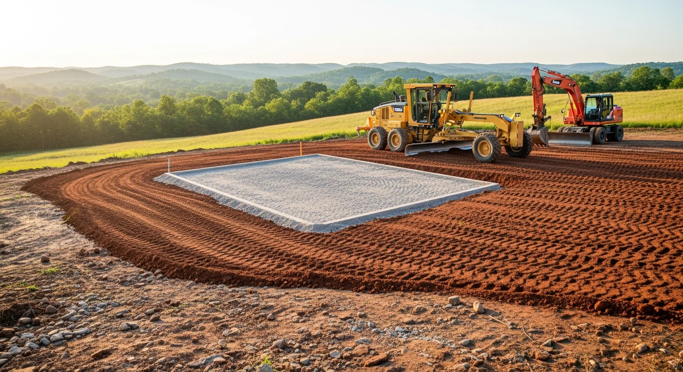 A tracked excavator reshaping a sloped residential lot in Southern Kentucky, with freshly graded soil and a cleared building pad visible in the foreground. Rolling tree-lined hills typical of the region appear in the background.