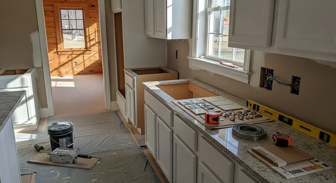 A remodeled kitchen interior in a Southern Kentucky home showing updated cabinetry, new flooring, and an open layout. General contractor finish work by Ayres Construction & Remodeling.