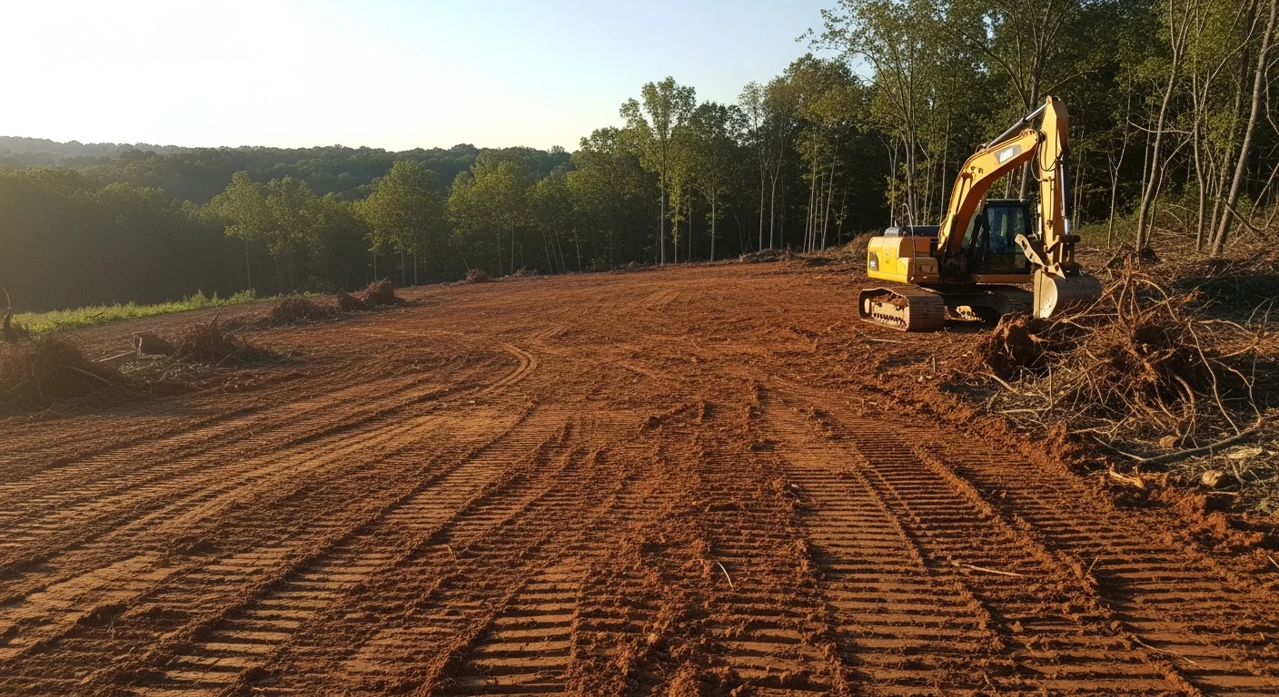 A Southern Kentucky property after professional land clearing, showing a wide open expanse of graded soil with tree stumps and brush fully removed. Heavy excavation equipment is visible at the edge of the cleared area with rolling wooded hills in the background.