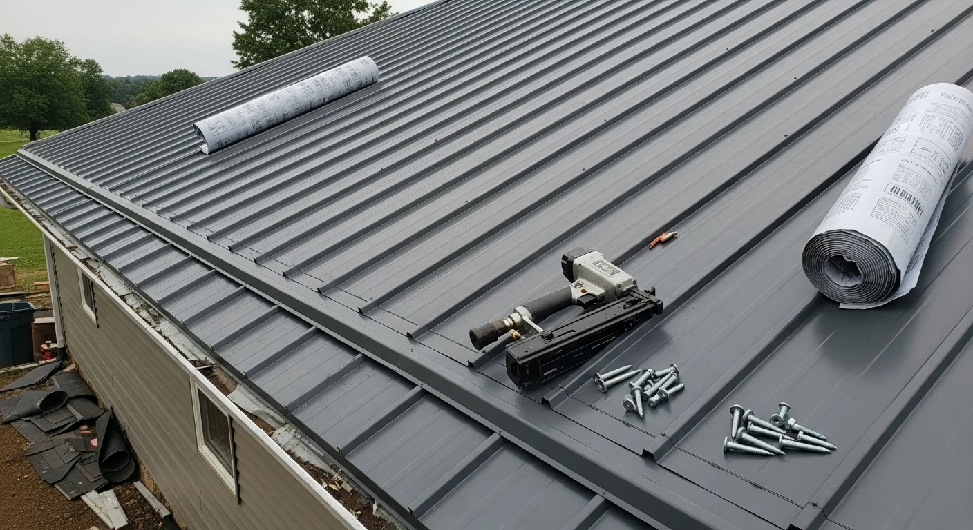 Completed metal roof installation on a residential home in Southern Kentucky, showing clean panel lines and a finished ridge against a rural backdrop. The roof covers a single-story home with visible standing seam panels running from ridge to eave.