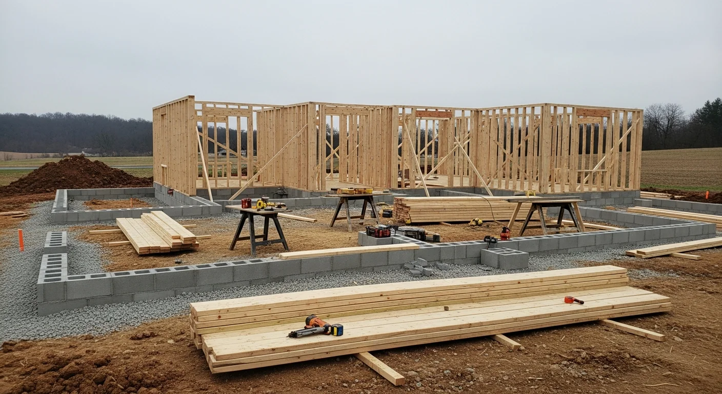 A newly framed single-family home under construction on a rural Southern Kentucky lot, with exposed wall studs, roof trusses set, and a clear blue sky overhead. A general contractor reviews plans on-site in the foreground.