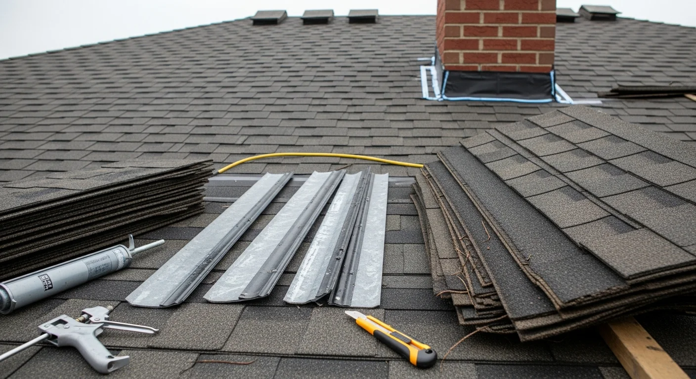 A Southern Kentucky residential roof with repaired shingles and sealed flashing around a chimney, showing clean, uniform coverage after storm damage repair. A roofing contractor from Ayres Construction & Remodeling works on the slope of a pitched roof against a clear sky.