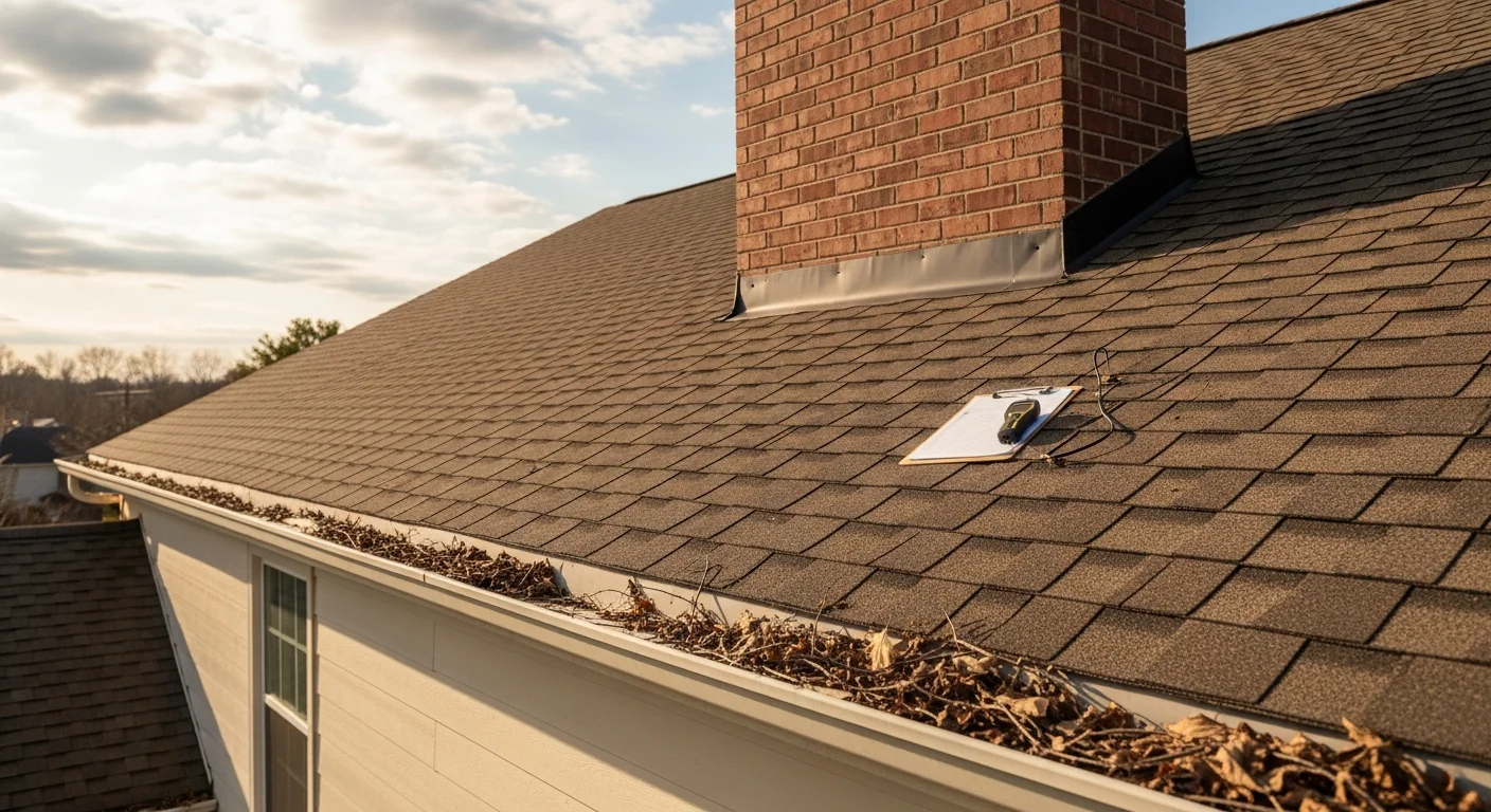 A roofing contractor from Ayres Construction & Remodeling inspecting shingles and flashing on a residential roof in Southern Kentucky. Close-up view shows the inspector examining the area around a chimney for signs of storm damage and wear.