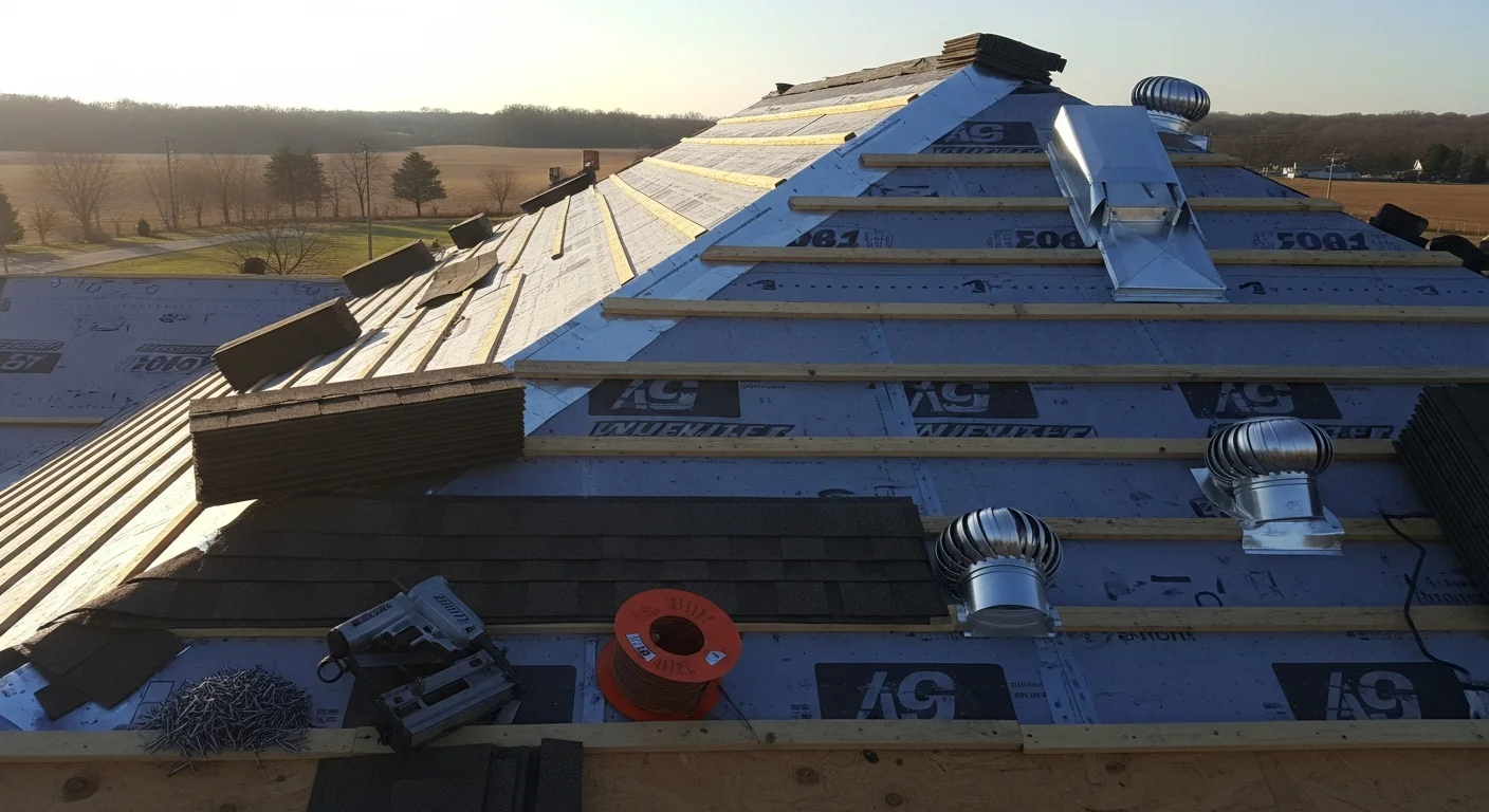 A completed shingle roof installation on a single-story residential home in Southern Kentucky, showing uniform shingle rows, clean ridge lines, and properly sealed flashing around the chimney.