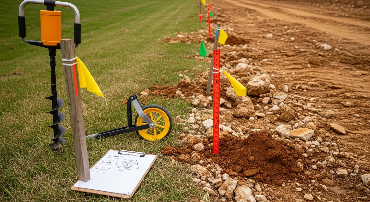 An Ayres Construction & Remodeling crew member reviewing terrain and soil conditions on a raw land parcel in Southern Kentucky. The image shows sloped ground with visible soil layers being assessed prior to excavation work.