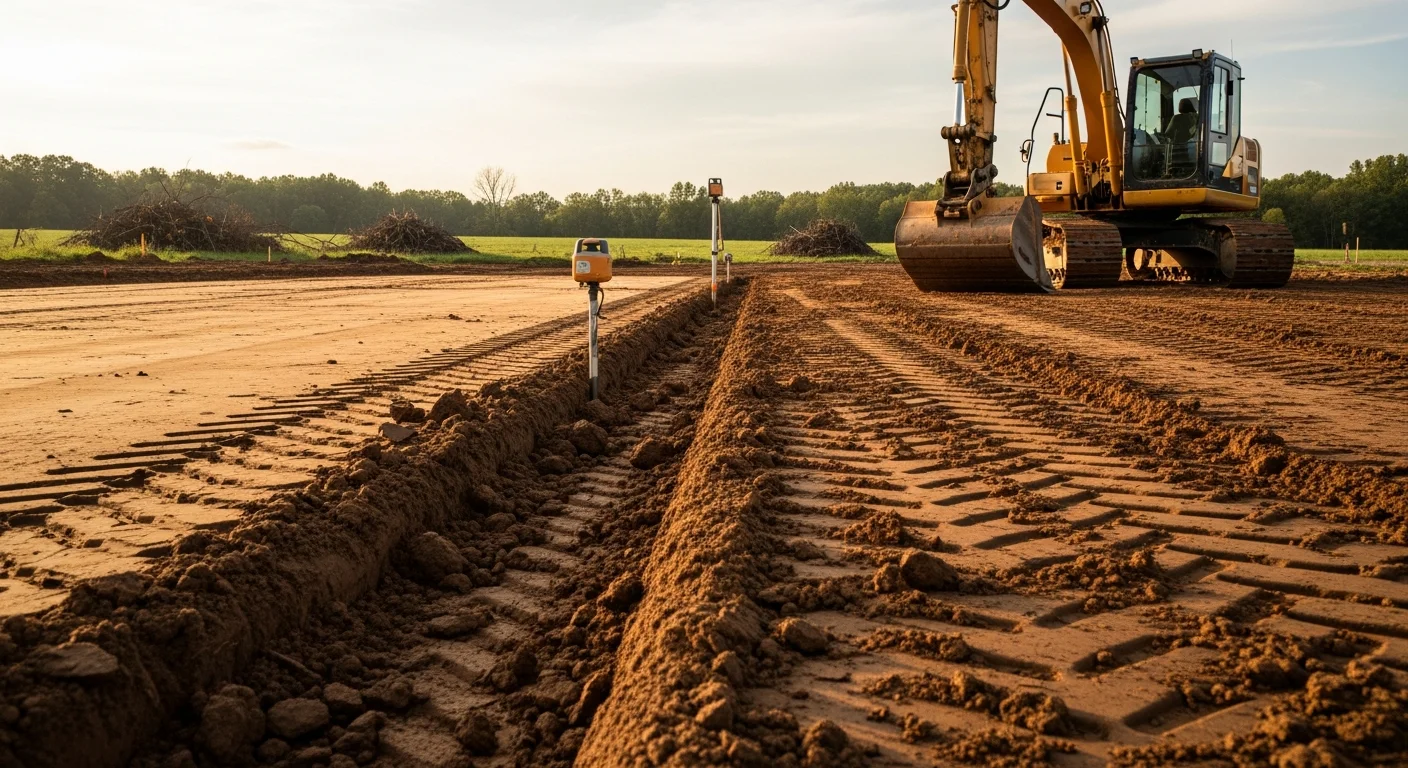 A freshly graded and cleared building lot in Southern Kentucky with compacted soil and defined drainage slopes ready for foundation work. Heavy equipment tracks are visible across the leveled ground with tree lines remaining at the property edge.